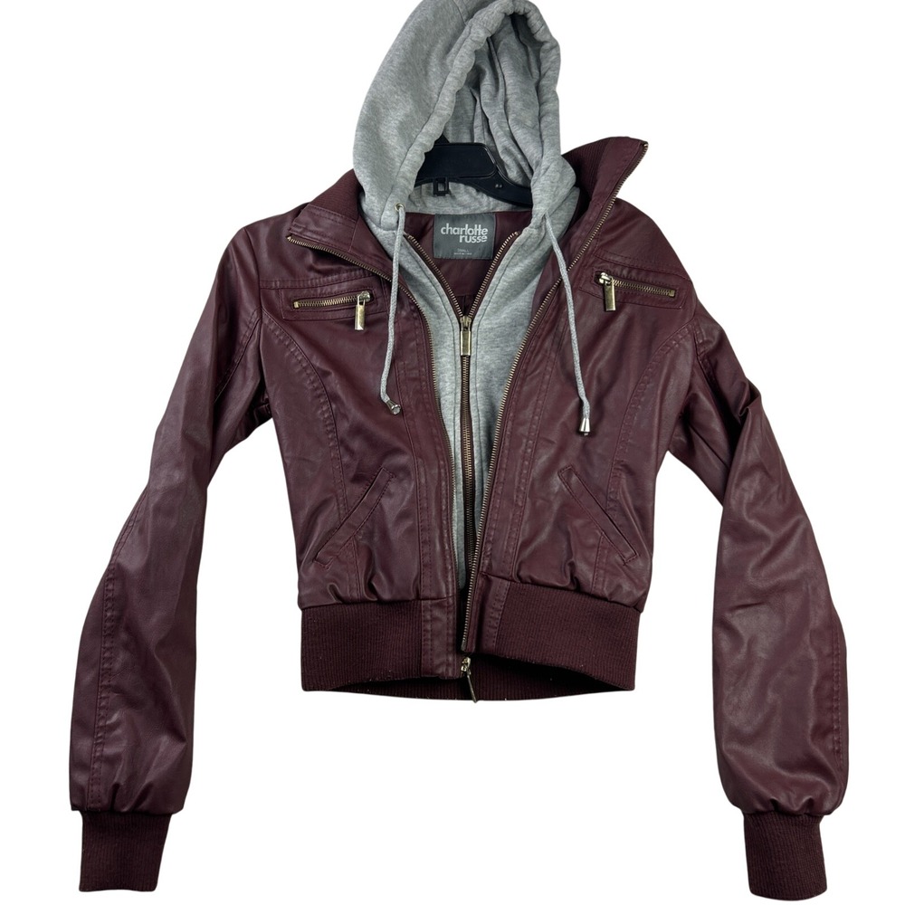 Charlotte Russe Moto Jacket S Burgundy Faux Leather Cropped Biker Y2K Style